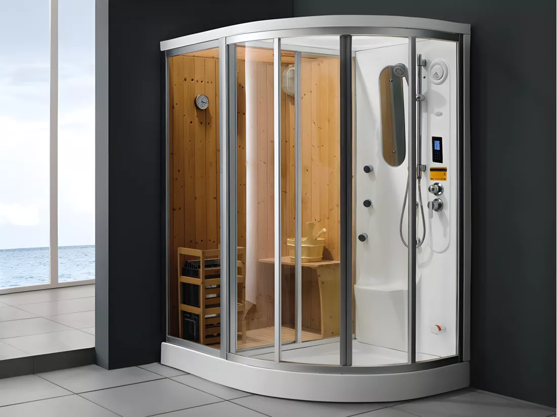 Cabine de douche intégrale d'angle HAUMEA fonction Hammam et Sauna- l157xP110xH215cm - Angle gauche