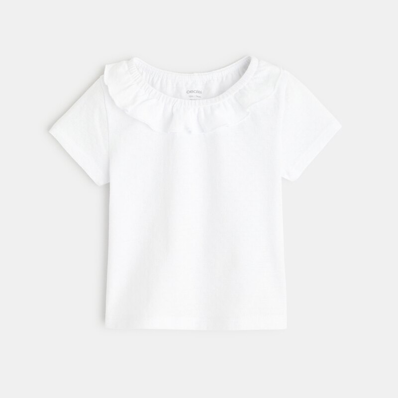 T-shirt col volanté maille fantaisie blanc bébé fille Blanc