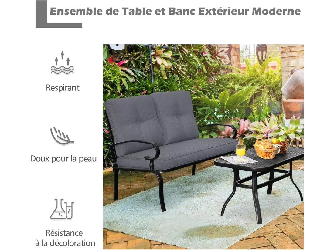 Salon de Jardin 2 Pièces avec Table Basse et Coussins Charge 250KG, Ensemble de Canapés de Terrasse 2 Places avec Cadre Métallique, pour Patio Balcon Terrasse (Gris)