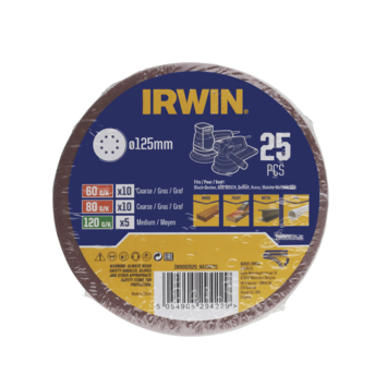 Irwin schuurschijf rond Ø125 mm zelfhechtend K60/K80/K120/K180, 25 stuks