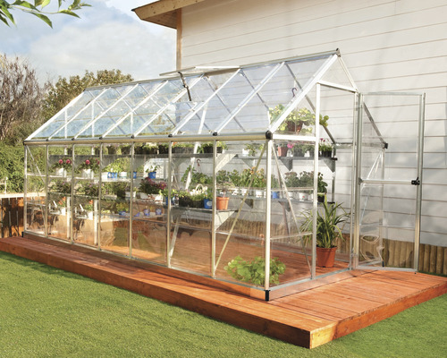 Kas Harmony met 6x14 polycarbonaat panelen (0,7 mm) inclusief funderingsframe, 426 x 185 cm, aluminium.