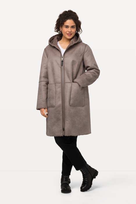 Shearling-Mantel, Lammfelloptik, 2-Wege-Zipper, Kapuze