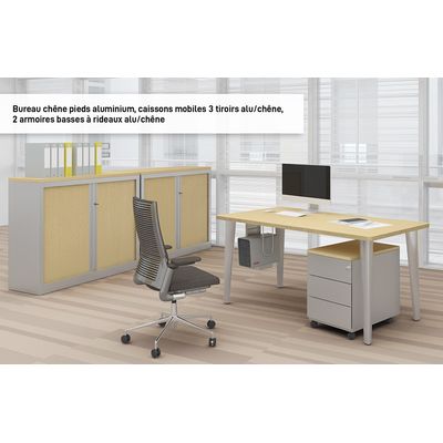 Bureau EVIDENCE - 140 cm - Pieds blancs - Plateau imitation chêne clair