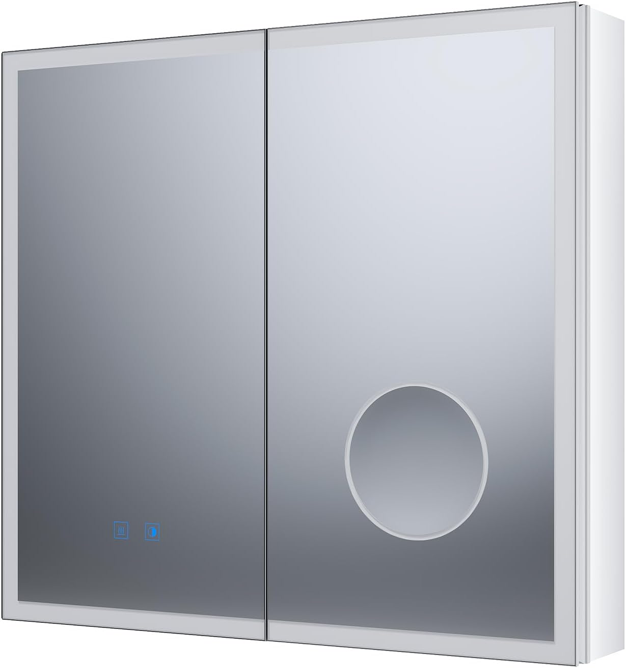 SONNI LED Spiegelschrank Bad mit 3-fache Vergrößerungsspiegel und Steckdose 65 x 60 cm, Aluminum Spiegelschrank mit Touch-Schalter, 3 Lichtfarben + Defogging, IP44 wasserciht