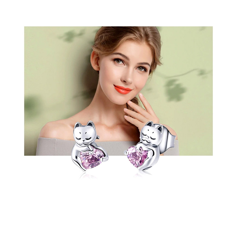 Boucles d'oreilles Femme Chat orné de Cristal de Swarovski Rose et Argent 925