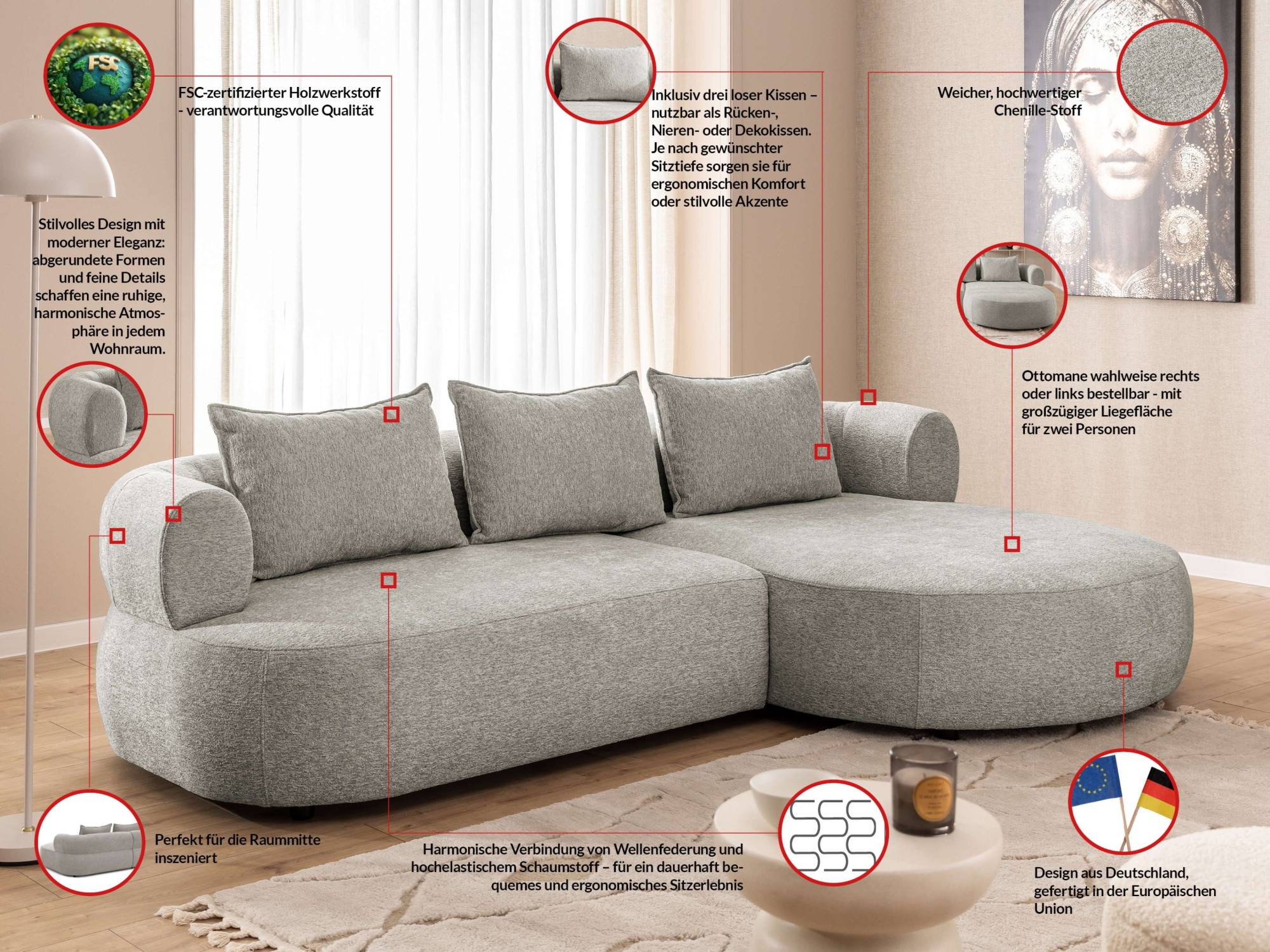 Home affaire Ecksofa »LUSSAC L-Form Design-Sofa mit Zierkissen, Masse B/T/H: 257/159/78 cm« hoher Sitzkomfort und modernes Design, Sofa ohne Bettfunktion