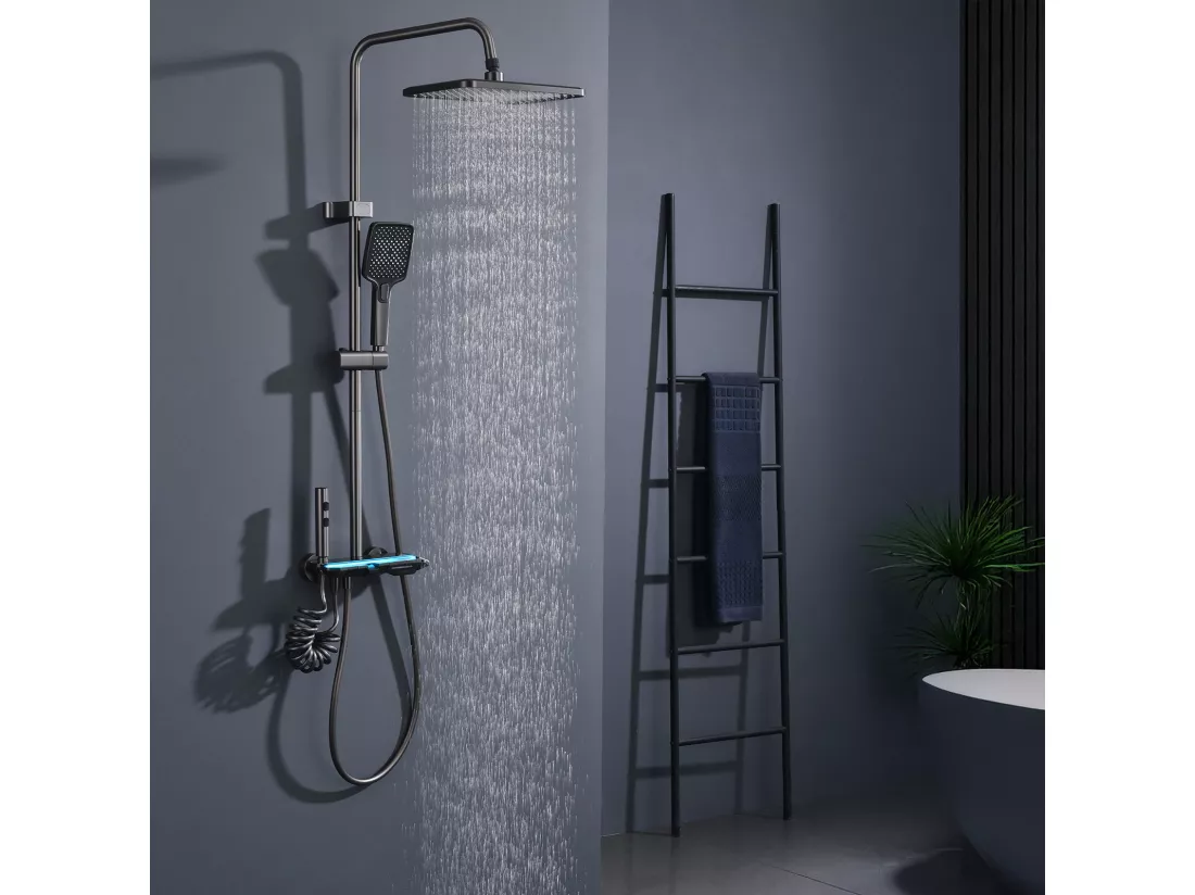 Colonne de Douche Noir avec LED et Affichage Numérique, Ensemble de Douche à 4 Fonctions, Étagère de Rangement Intégrée et Système en Laiton