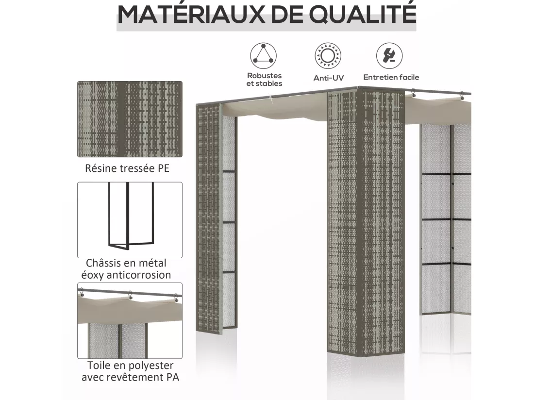 Pergola rétractable style colonial dim. 2,98L x 2,98l x 2H m métal époxy anticorrosion résine tressée grise toile polyester haute densité 180 g/m² crème