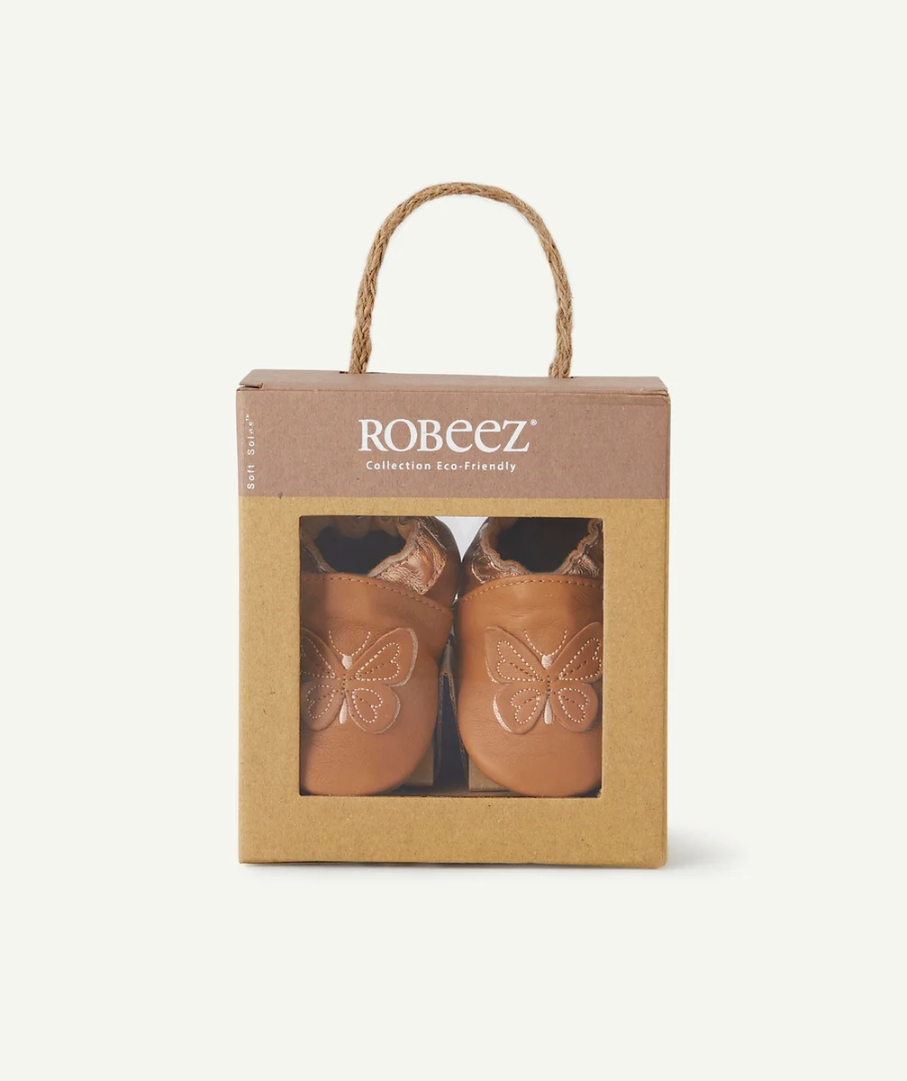 ROBEEZLES CHAUSSONS CAMEL ET COULEUR DORÉE EN CUIR AVEC PAPILLONS