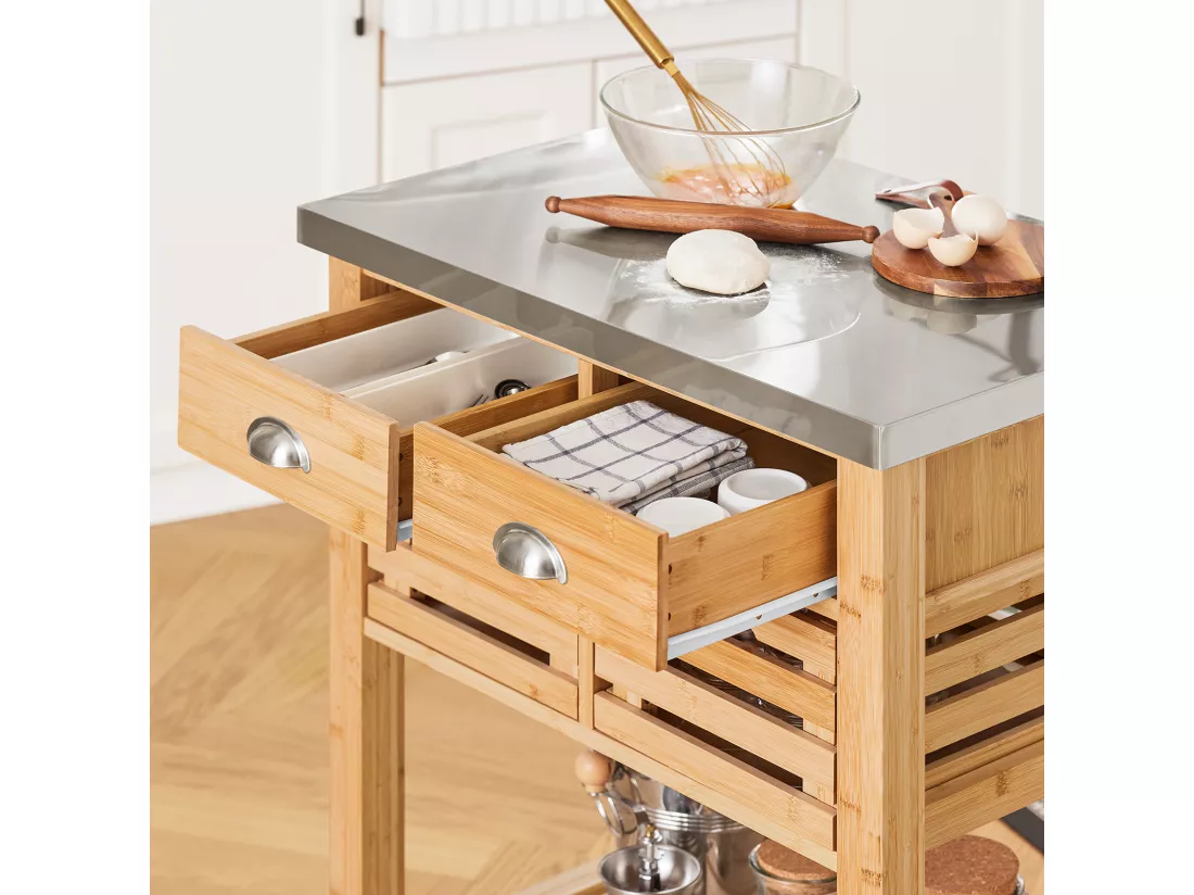 Desserte Sur Roulettes Armoire De Rangement En Bambou Plan De Travailen En Acier Inox, Fkw40-n