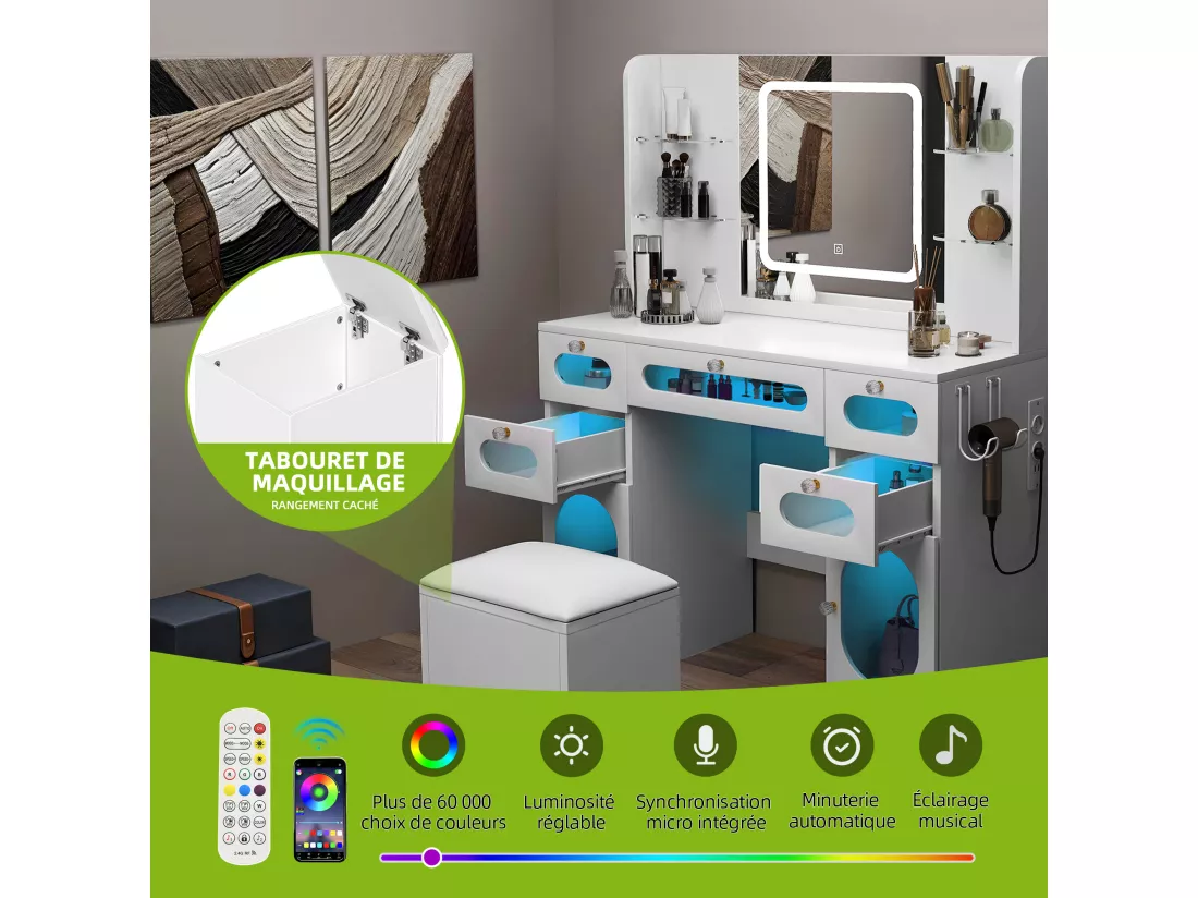 YITAHOME Coiffeuse avec éclairage - Miroir et Prises - avec Tabouret - Blanche - Table de Maquillage