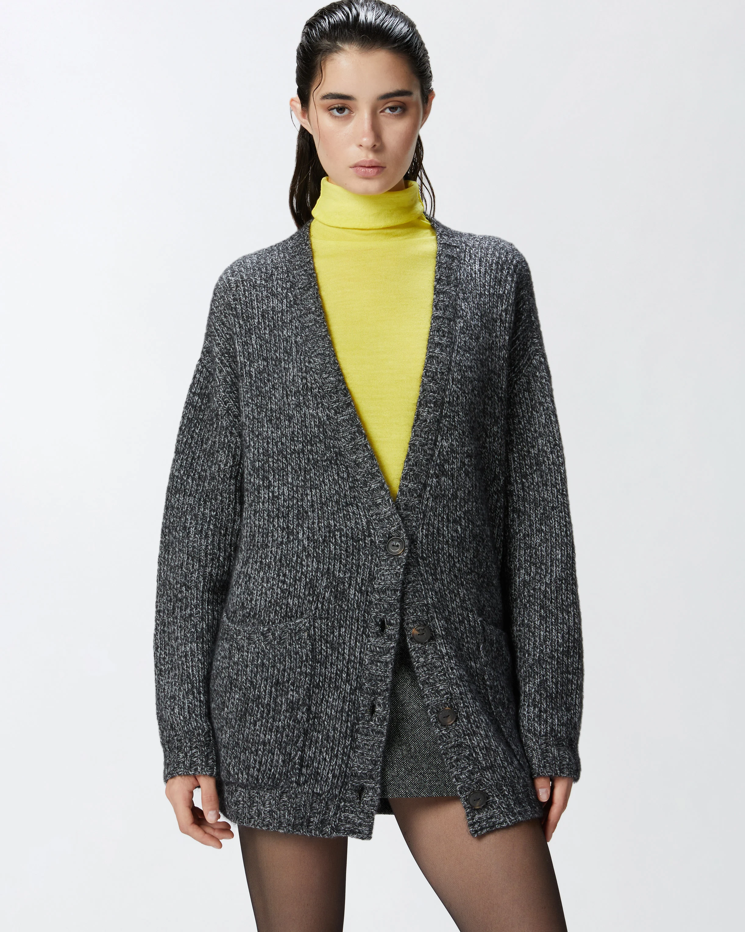 Cardigan côtelé à col v en alpaga mélangé | Multicolore