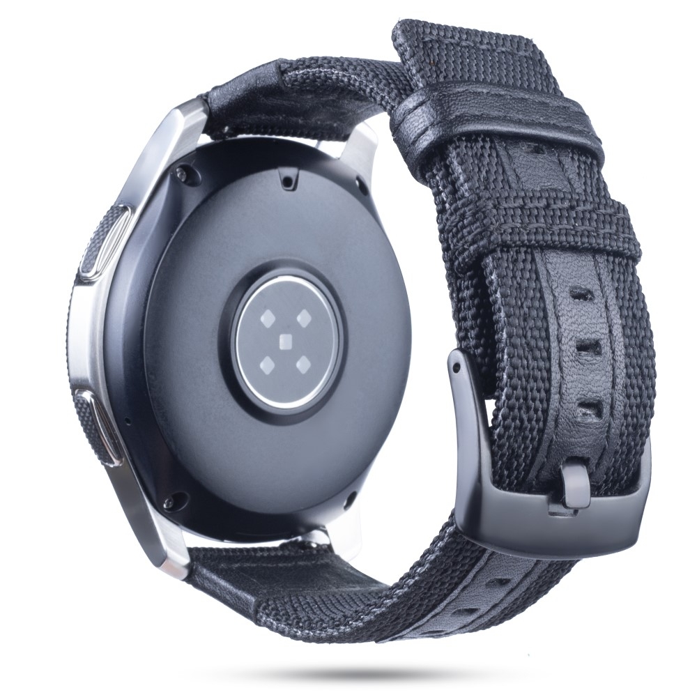 (Gr. XS) Samsung Galaxy Watch 42mm / Watch Active 2 / Watch Active / Gear Sport Nylon / Echtleder Armband (Gelenkumfang 146-216 mm) - Schwarz