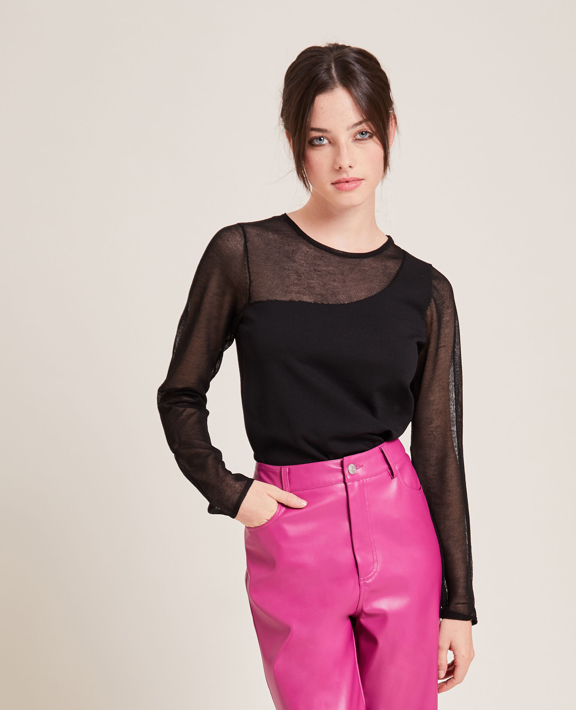 Top bi-matière effet one shoulder - Noir