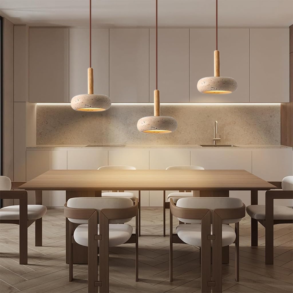 Wabi Sabi Pendelleuchte Gelbe Travertin Mit Rundem Naturstein Schirm Nordische Holz LED Hängelampe Verstellbare Schlinge Für Schlafzimmer Nachttischlampe Wohnzimmer Kücheninsel(Long)