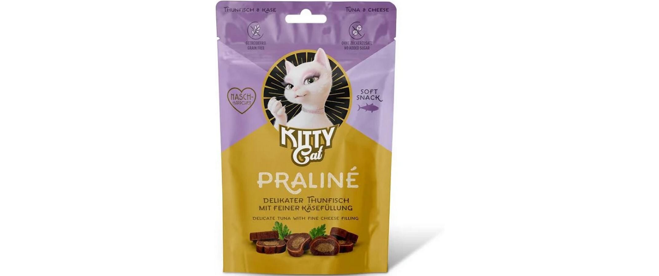 Katzen-Snack Praliné Thunfisch, Käse 50 gWeiche Katzensnacks mit Thunfisch und Käse, getreidefrei und reich an Taurin