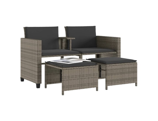 VIDAXL - Salon extérieur Canapé de jardin 2 places avec table et tabourets gris rotin