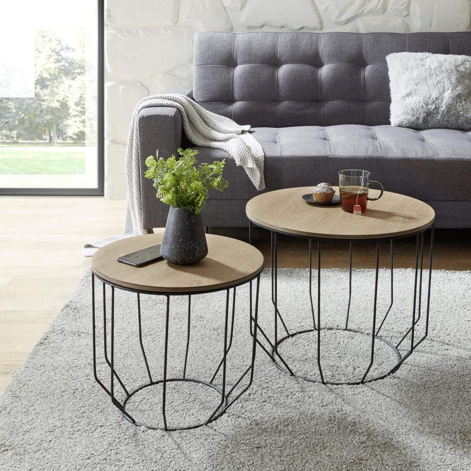 2er-Set Couchtisch - Eiche-schwarz - Metallgestell