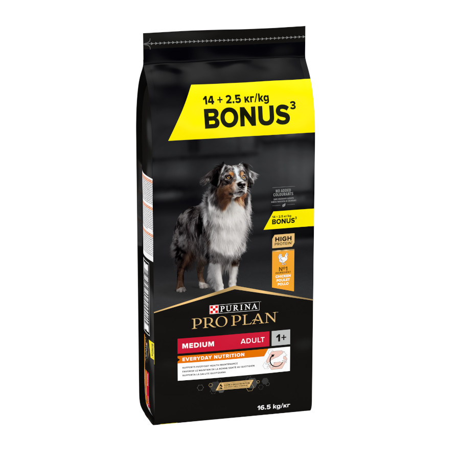 16,5 kg (14 + 2,5 kg grátis!) Pro Plan Medium Adult Chicken Dog Food