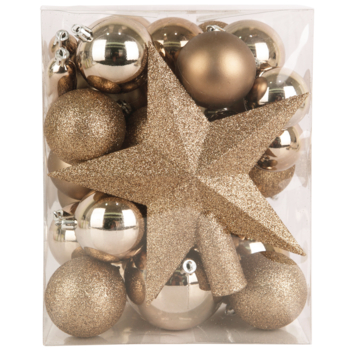 Christmas Goods kerstballen mix kunststof chocoladebruin 33 stuks inclusief piek