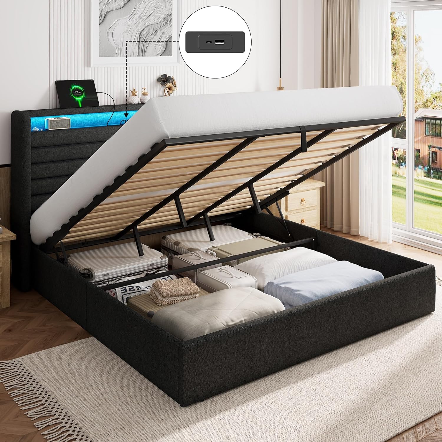 FEONASE Bett 180x200 mit Stauraum, Polsterbett 180x200 cm mit LED-Beleuchtung & Ladestation, Bettgestell mit Hydraulischem und Kopfteil Stauraum, Lattenrost, Ohne Matratze, Dunkelgrau