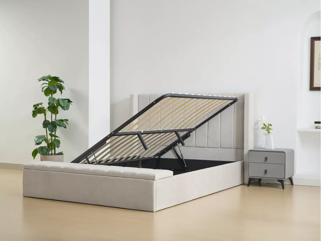 Lit coffre 140 x 190 cm avec banc - Tissu - Beige - DOUINO