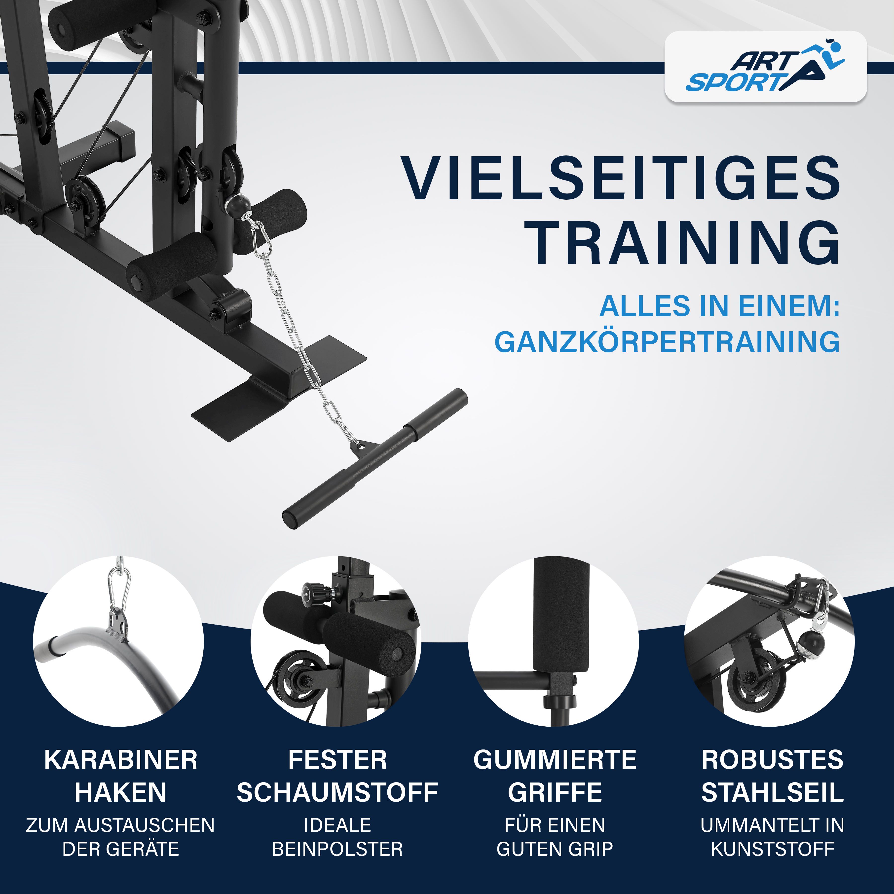 ArtSport Kraftstation ProfiGym 3000 mit 14 Gewichten, 77 kg - Bizeps, Lattzug, Butterfly - Schwarz