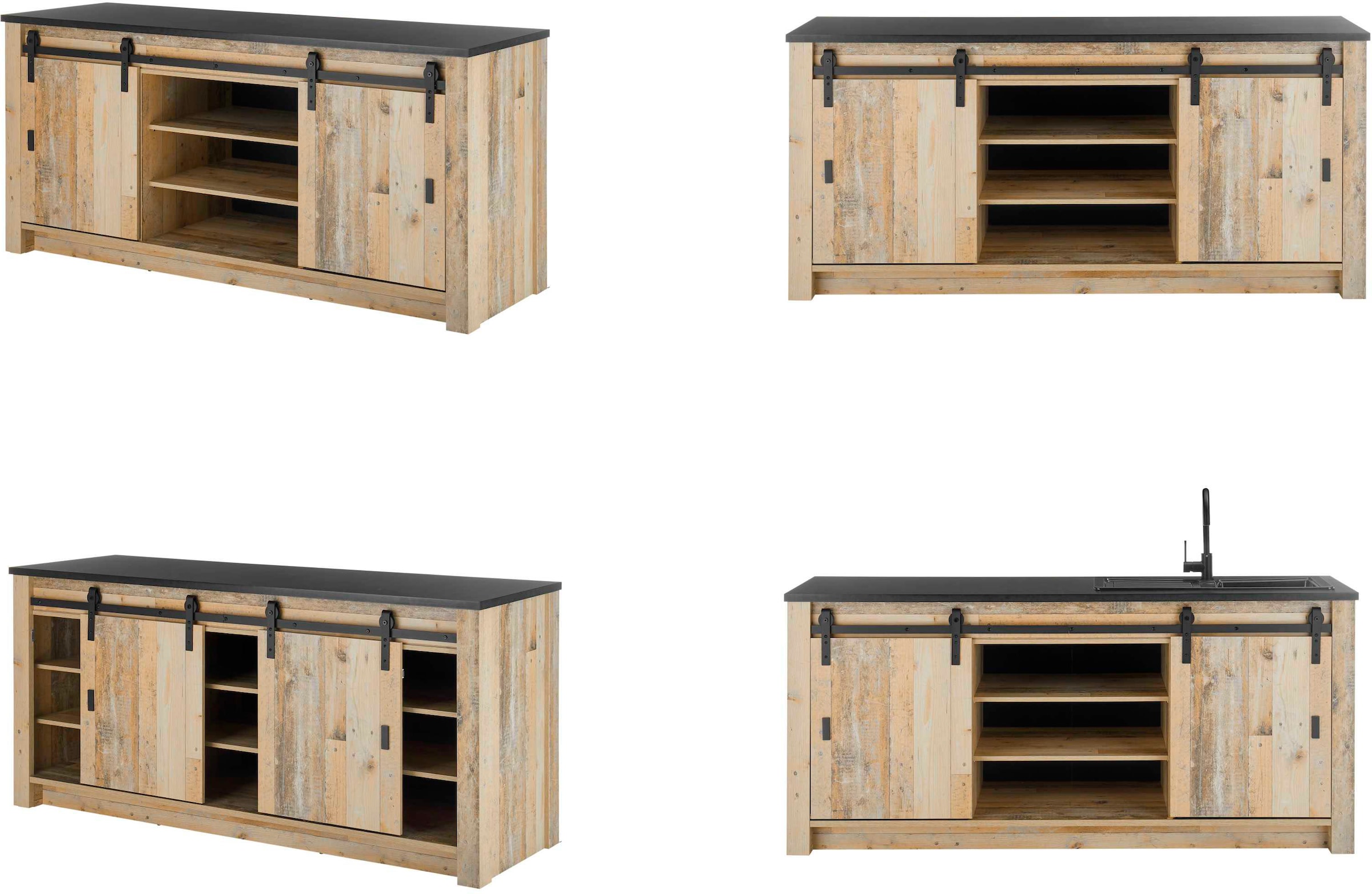 Home affaire Spülenschrank »Sherwood« Breite 201 cm, mit Scheunentorbeschlag aus Metall