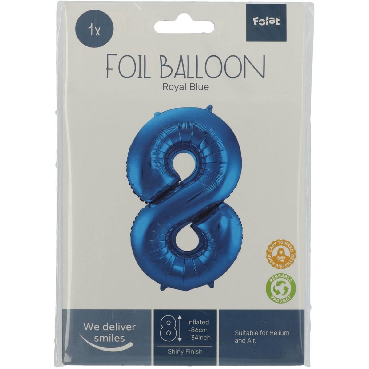 Folie Ballon Cijfer 8 Blauw Metallic XL 86cm leeg