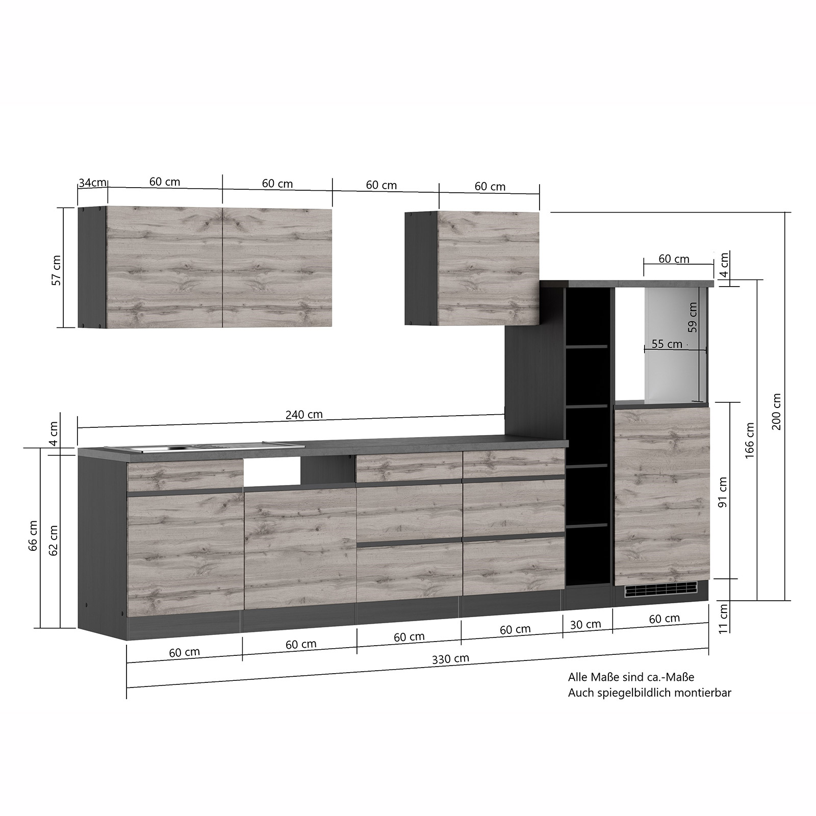 Küchenblock TURIN- Wotan Eiche - Graphit - 330 cm