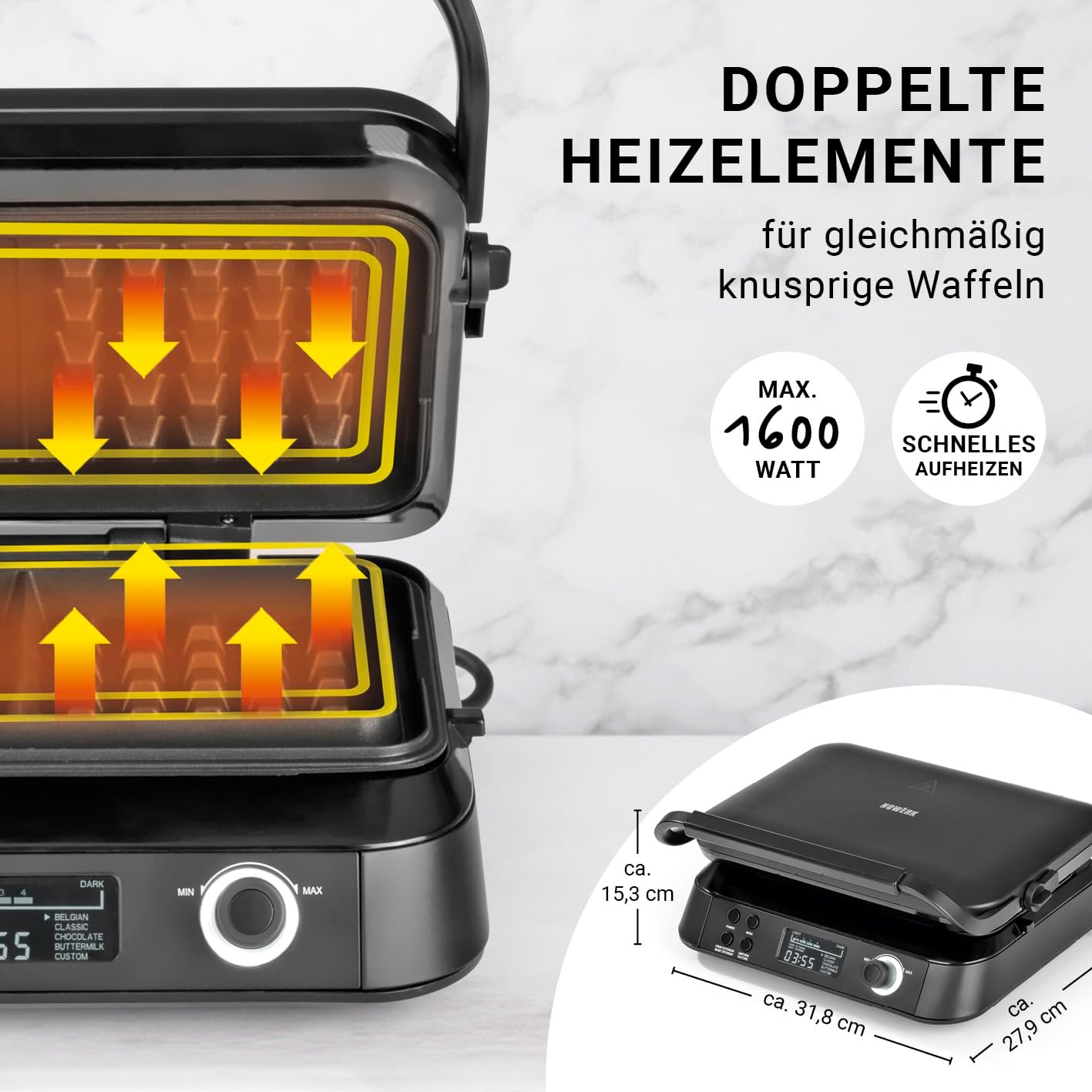 Premium Waffeleisen für Belgische Waffeln | Starke 1.600 Watt, doppelte Heizelemente, 5 Programme & 7 Bräunungsstufen | LCD Display, Timer, extra tiefe Heizplatten für besonders luftige Waffeln