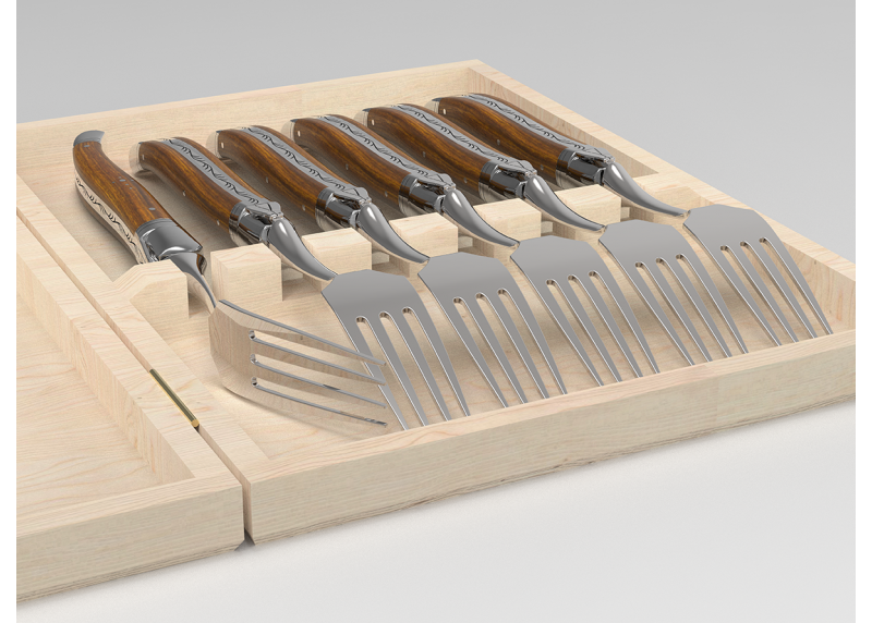 Service de 6 fourchettes Laguiole avec un manche en bois de gaïac et mitres en acier inoxydable