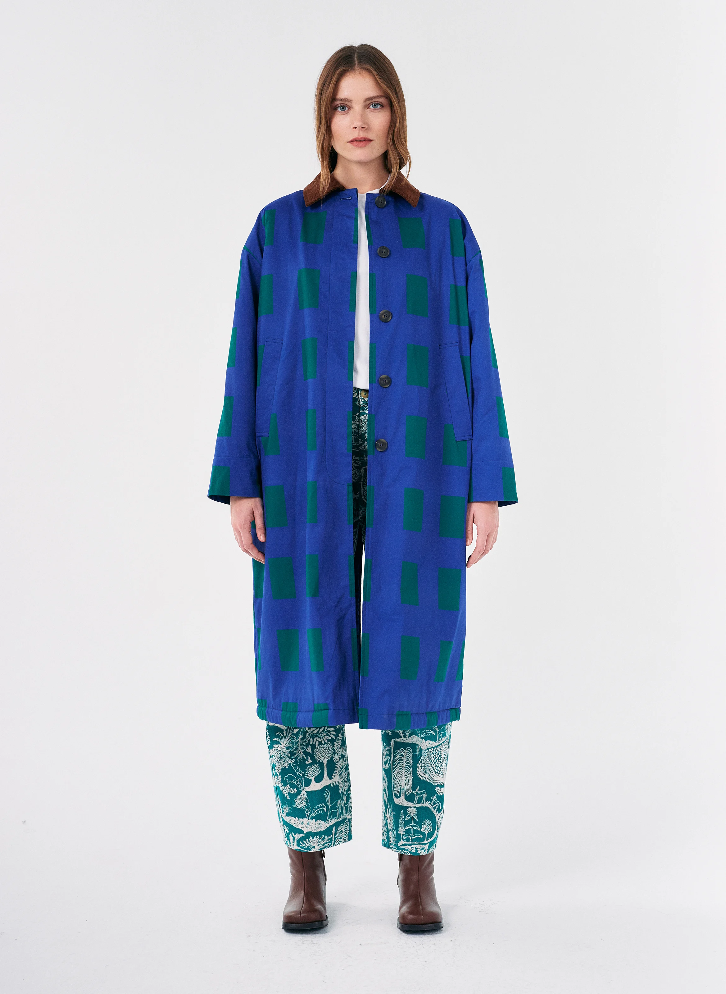 Manteau col classique imprimé à carreaux en coton| Marron