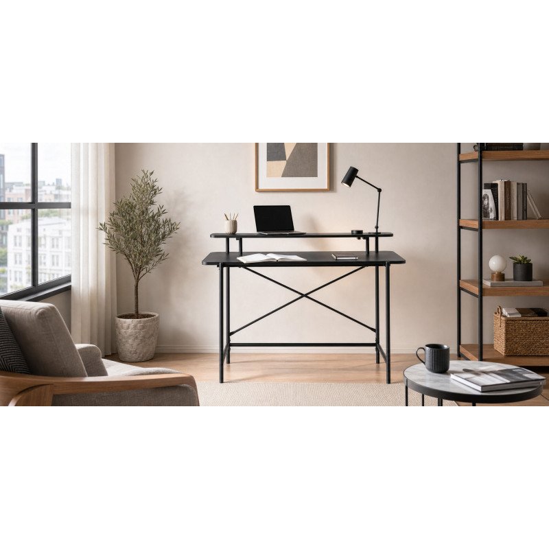 Bureau Galatia en mélaminé noir et pieds en métal laqué noir 120 x 60 cm