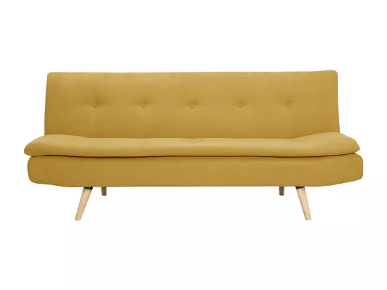Canapé convertible 3 places en tissu effet velours jaune moutarde et bois clair SENSO