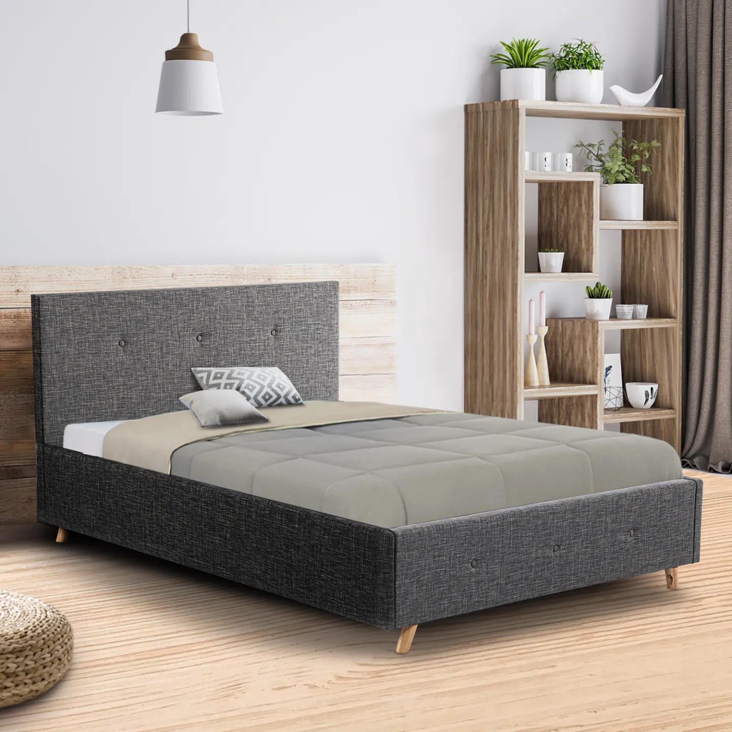 Lit coffre double scandinave LULEA avec tête de lit et sommier 160 x 200 cm tissu gris anthracite