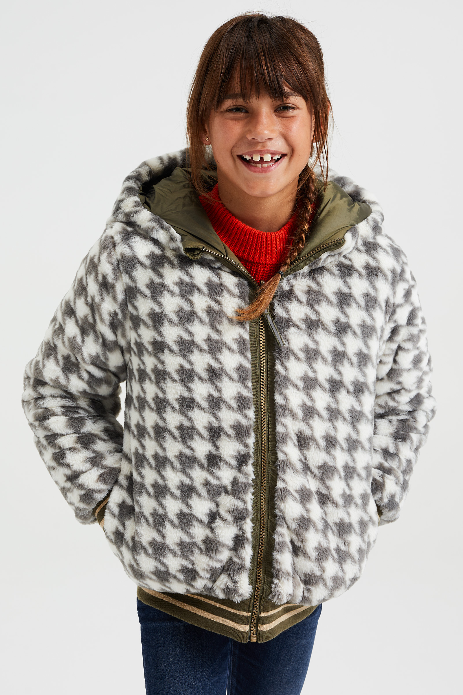 Meisjes reversible jas met imitatiebont en dessin WE Fashion Khaki