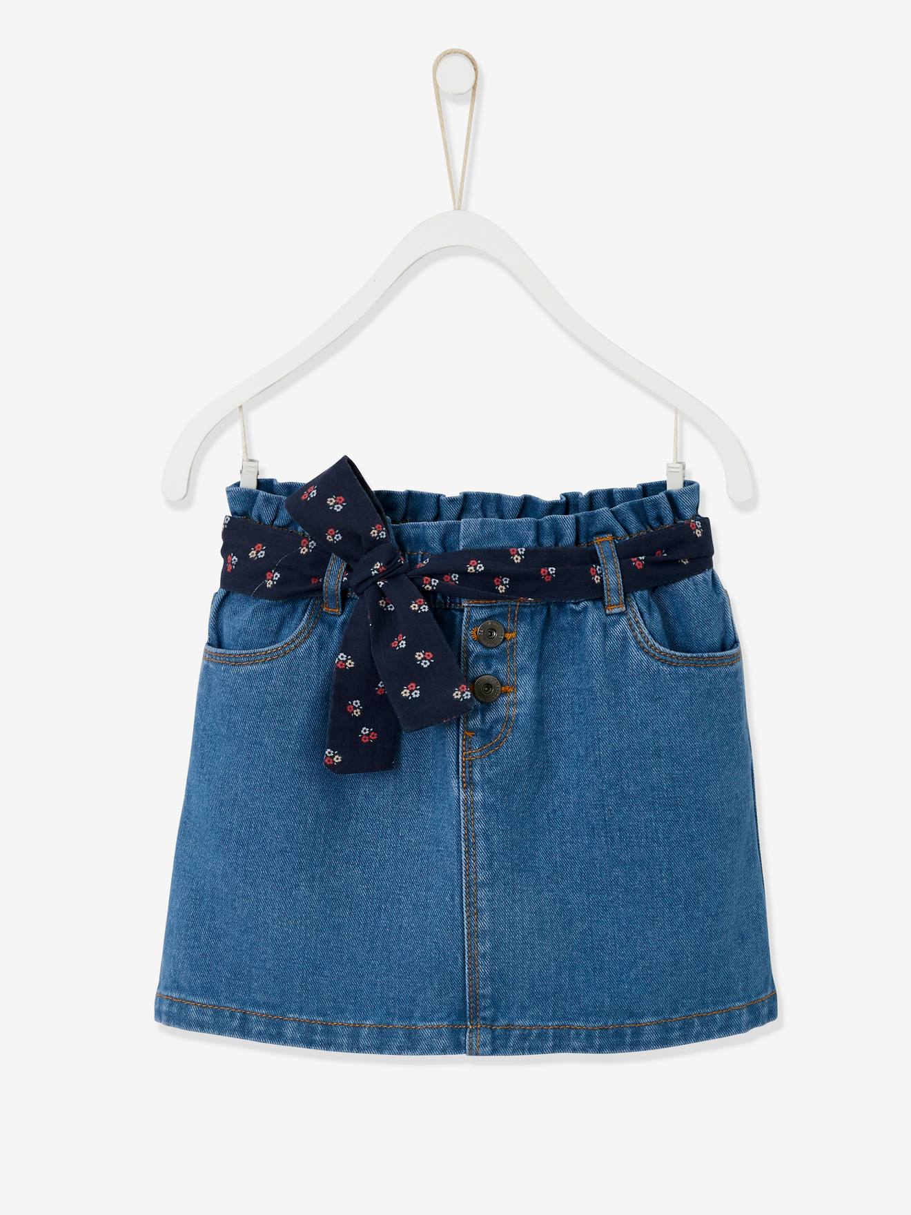 Saia jeans azul-escura com cintura alta e amarração para meninas
