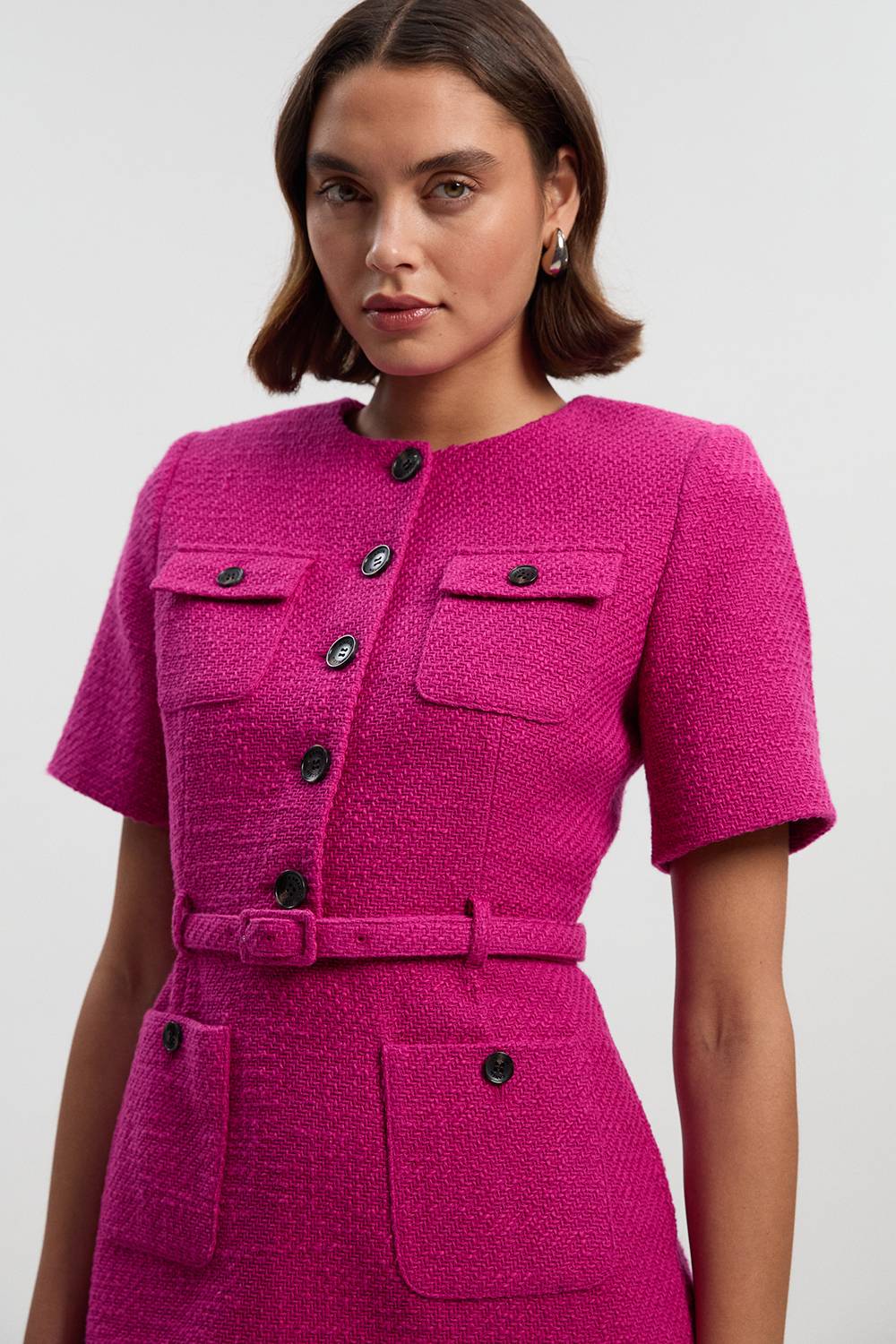 KarenMillen Robe Mini Cintrée en Tweed Texturé avec Ceinture