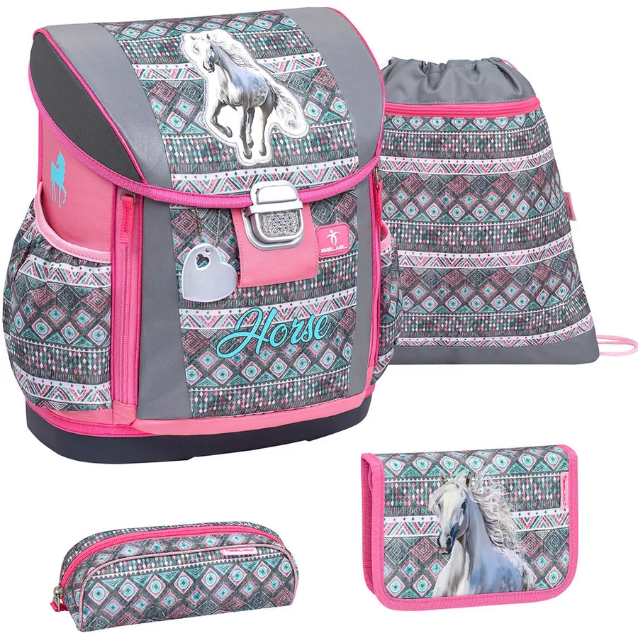 Belmil Schulranzen Customize-me Schulranzen Set 4-teilig mit Brustgurt, Hüftgurt Horse Aruba Blue