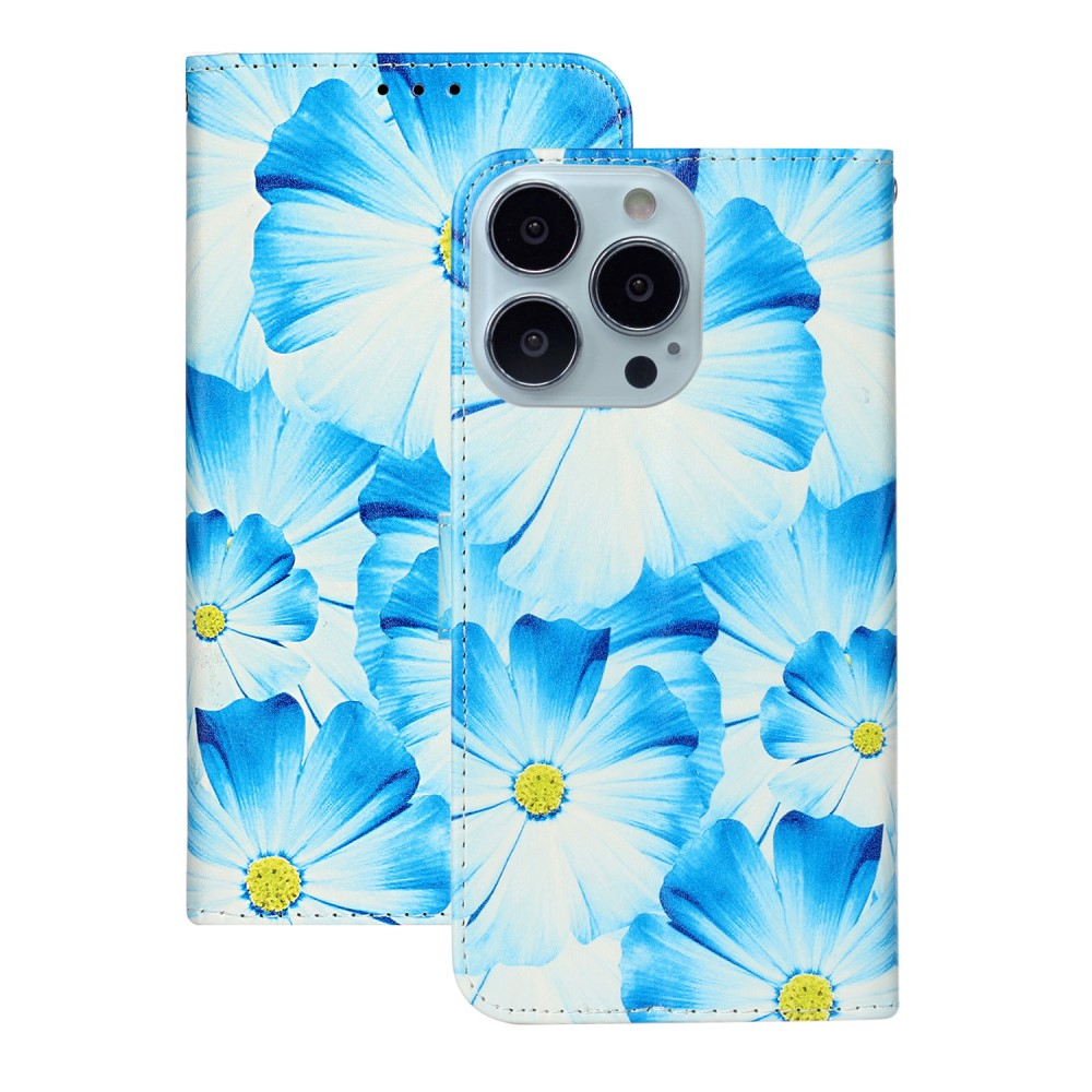iPhone 13 Pro Leder Tasche Flip Cover Blumen - Blau / Weiss