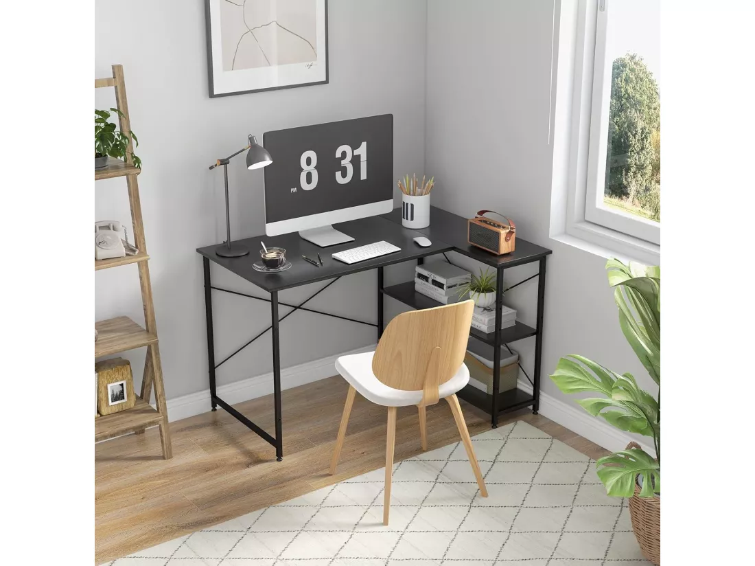 Bureau d'angle en Forme L Réversible, Poste de Travail avec Étagères de Rangement, 120 x 88 x 74,5 cm, Peu Encombrant, pour Maison, Bureaux (Noir)