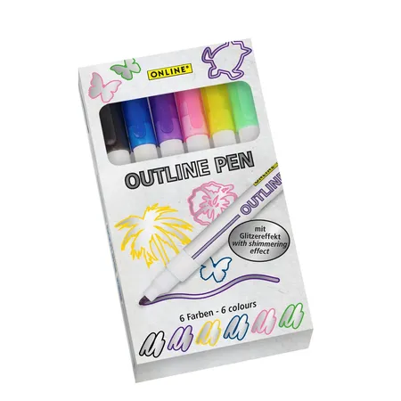 ONLINE Outline Pen silber mit farbigem Rand Glitzereffekt, 6er Set