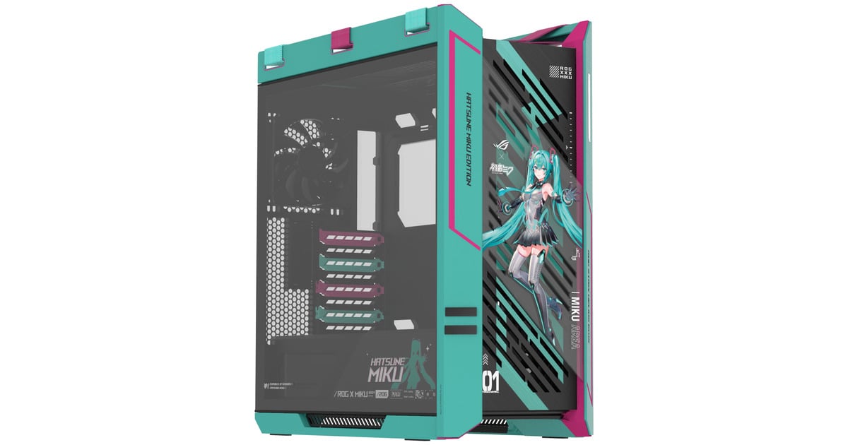ASUSROG Strix Helios II Hatsune Miku Edition midi tower behuizing  (Turquoise/roze | 4x USB-A | 2x USB-C | RGB | Tempered Glass)