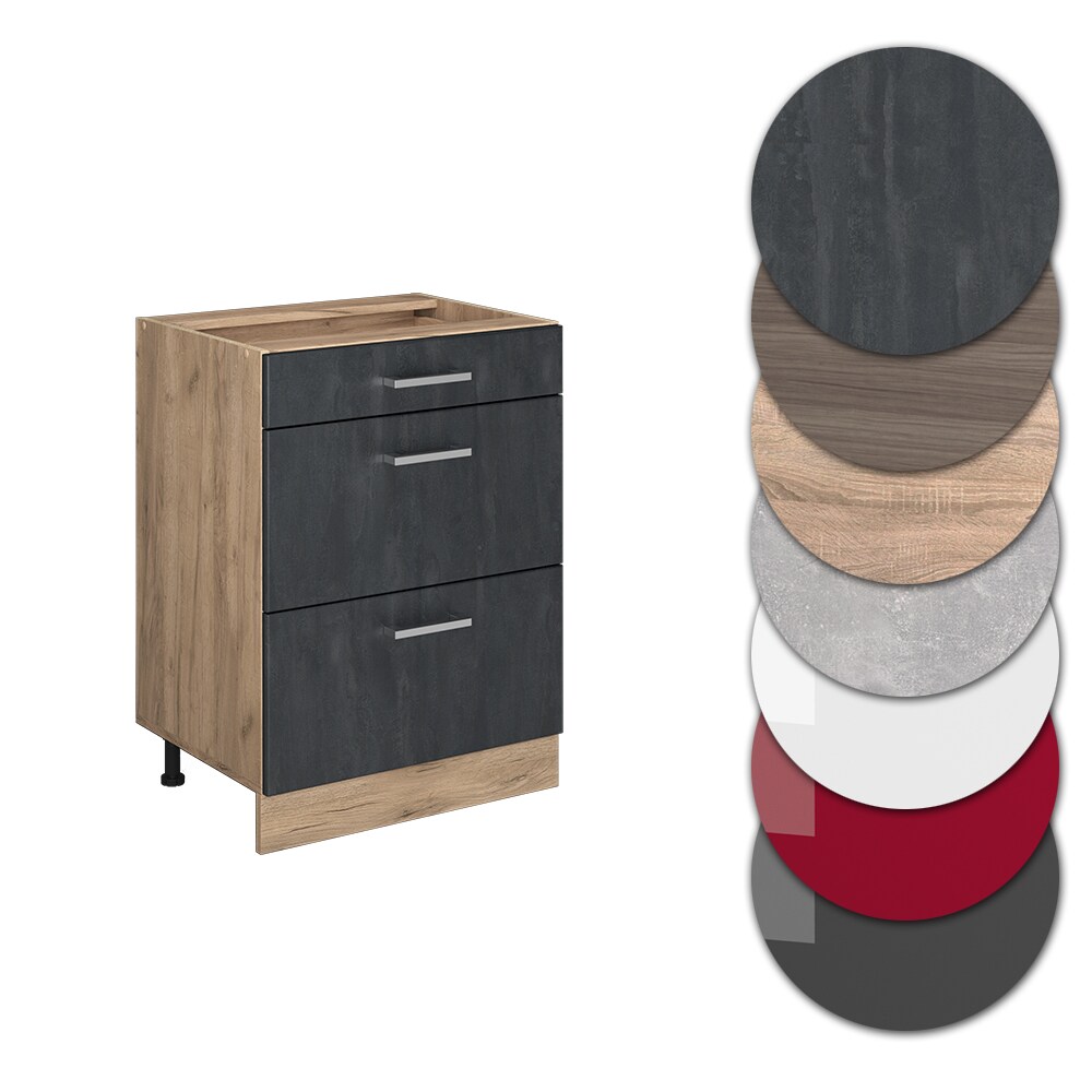 Vicco Schubladenunterschrank R-Line Schwarz Beton Eiche 60 cm mit Arbeitsplatte Anthrazit
