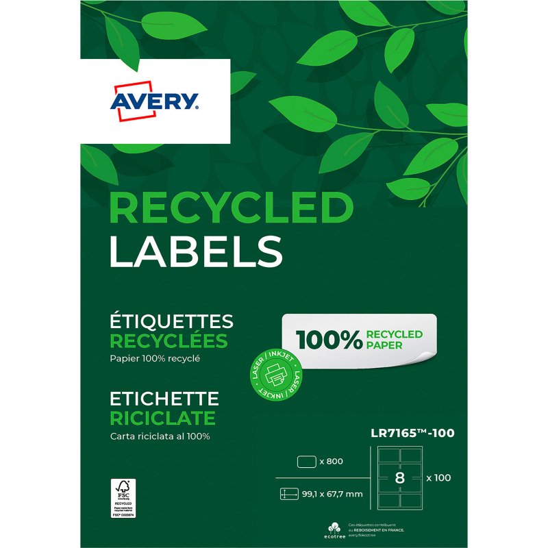 Etiquette adresse multi-usage recyclée 99,1 x 67,7 mm Avery LR7165-100 blanche - Boîte de 800
