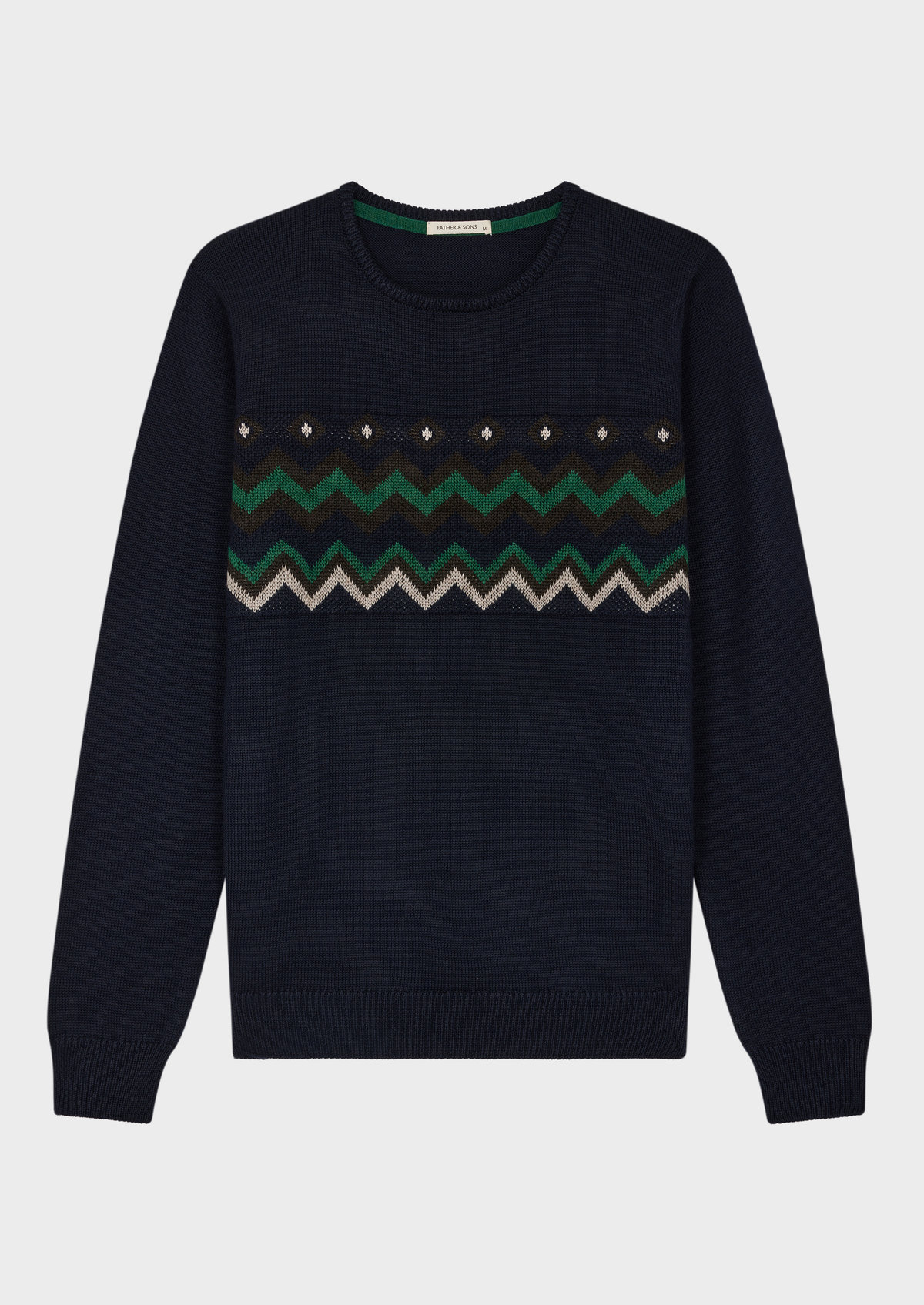 Pull col rond en laine Mérinos mélangée bleu nuit à motif fantaisie vert et gris