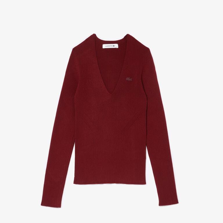 Pull col V en maille côtelée sans couture Pullovers - Rouge - Lacoste - Femme