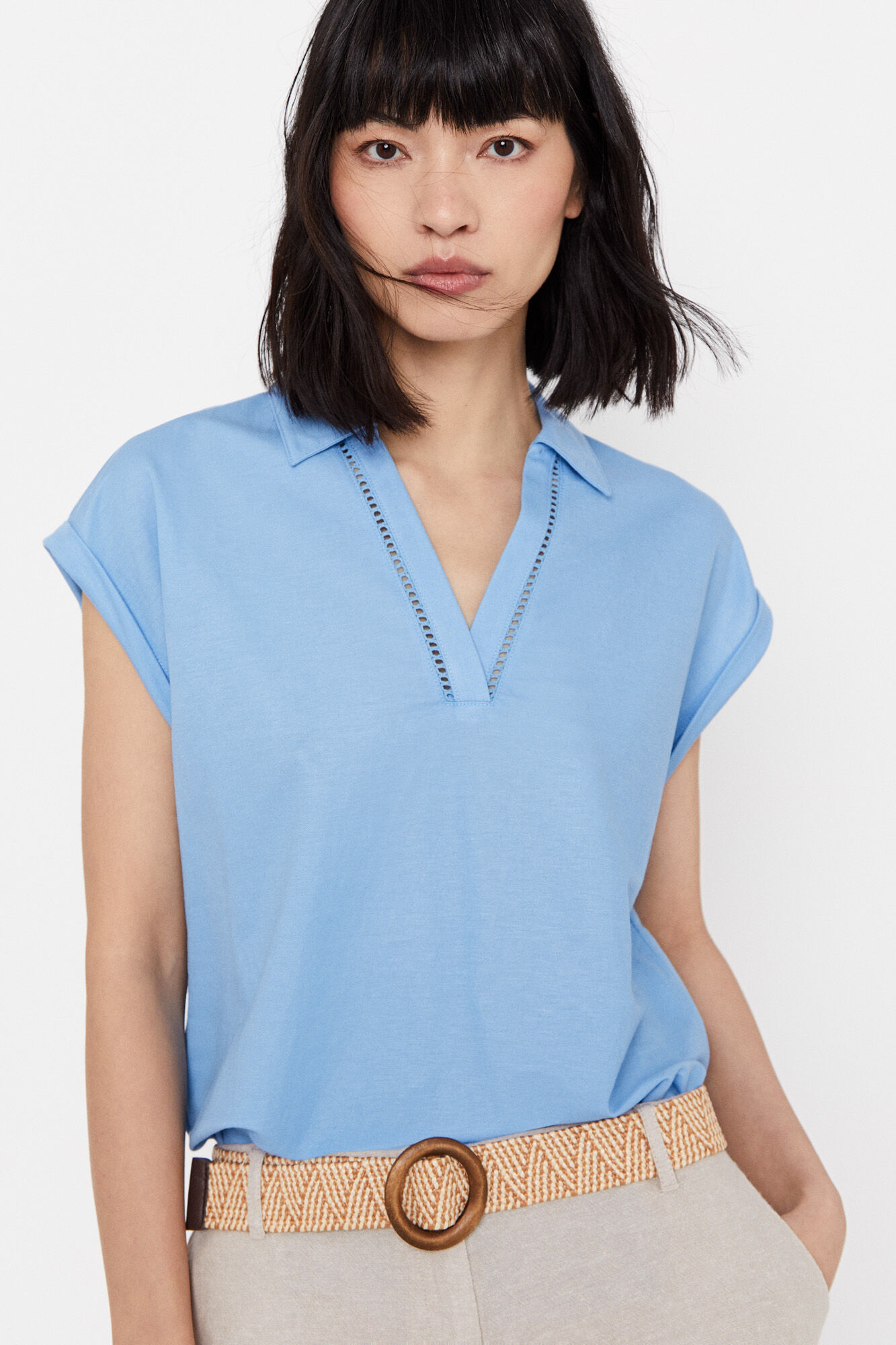 Camisa polo com bainha aberta - Azul