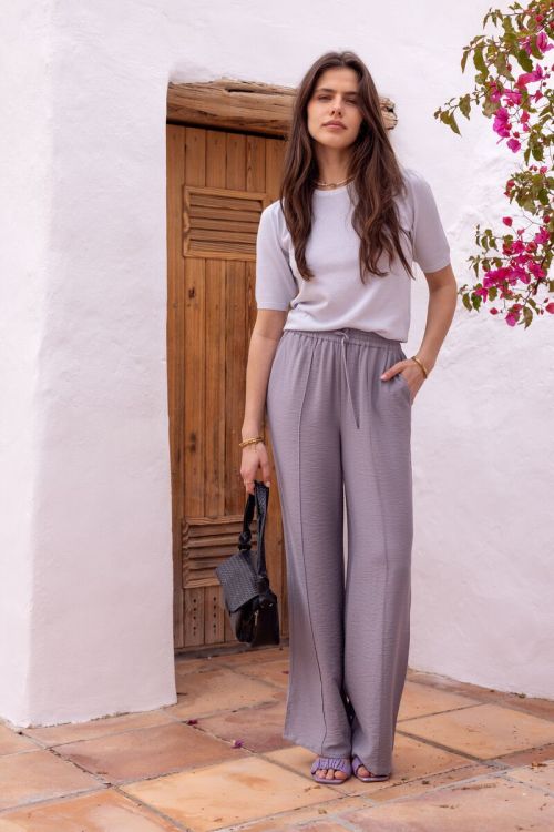 Grijze wide leg broek met pintuck en elastiek